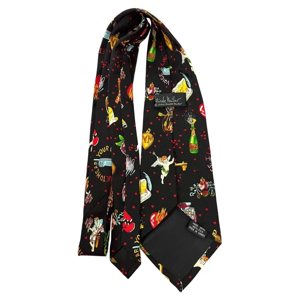 Nicole Miller Silk‎ Tie Mens OS Black 1994 Vintage Love Letters Hearts Valentine